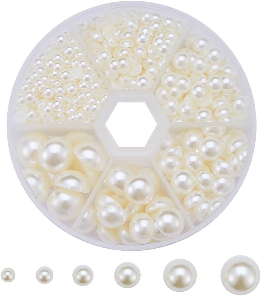 PH PandaHall 690 Pcs 4/5/6/8/10/12mm Flat Back Half Round Pearl Cabochons for Nail DIY Craft Snowman Ornament Decoration, Beige