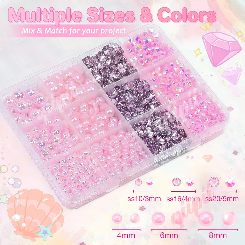 3mm-8mm Pink Flatback Pearls and Rhinestones m