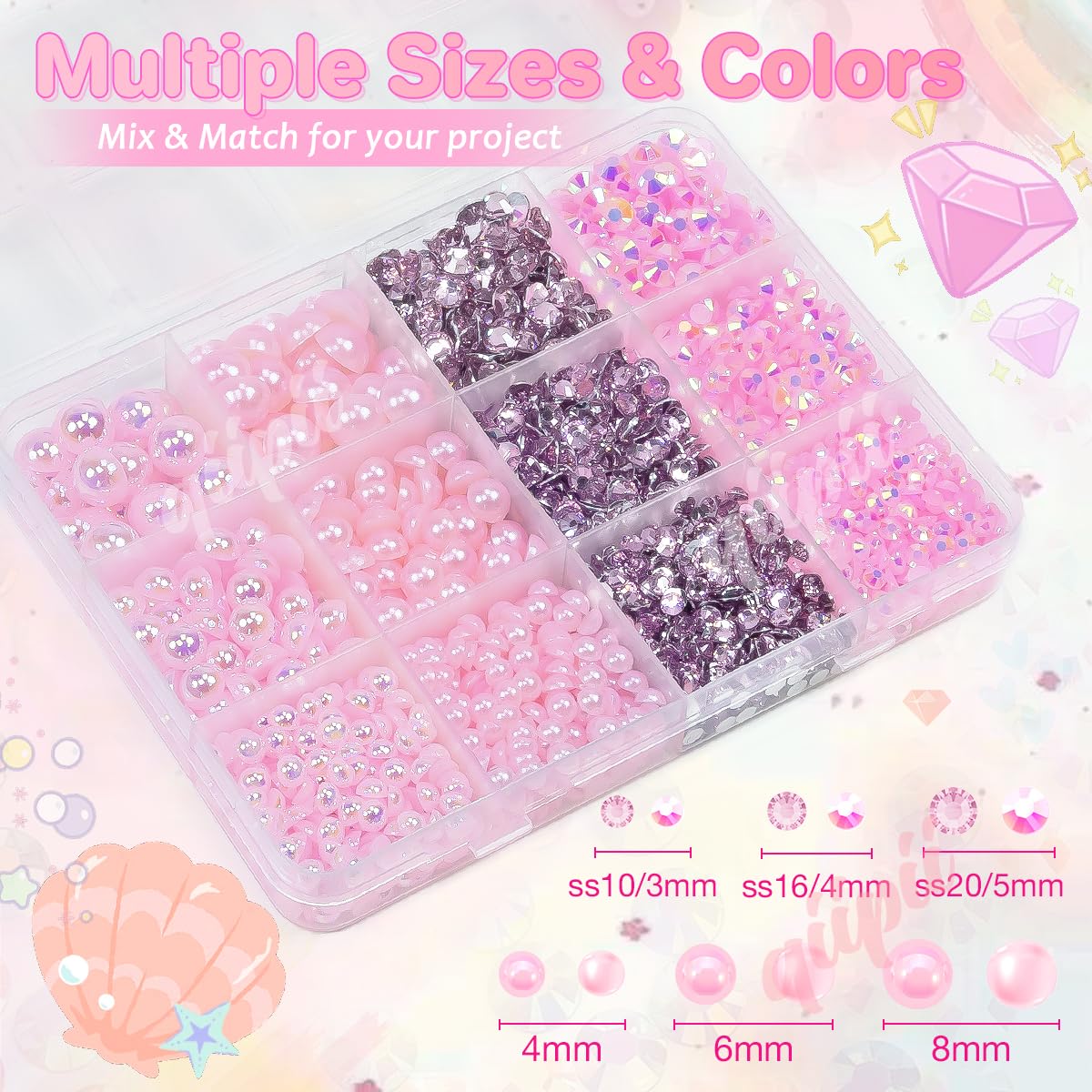 3mm-8mm Pink Flatback Pearls and Rhinestones m