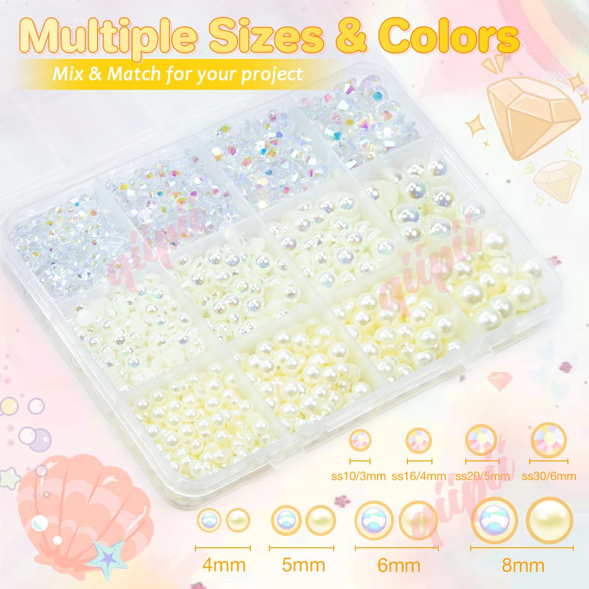 3mm-8mm Pink Flatback Pearls and Rhinestones m