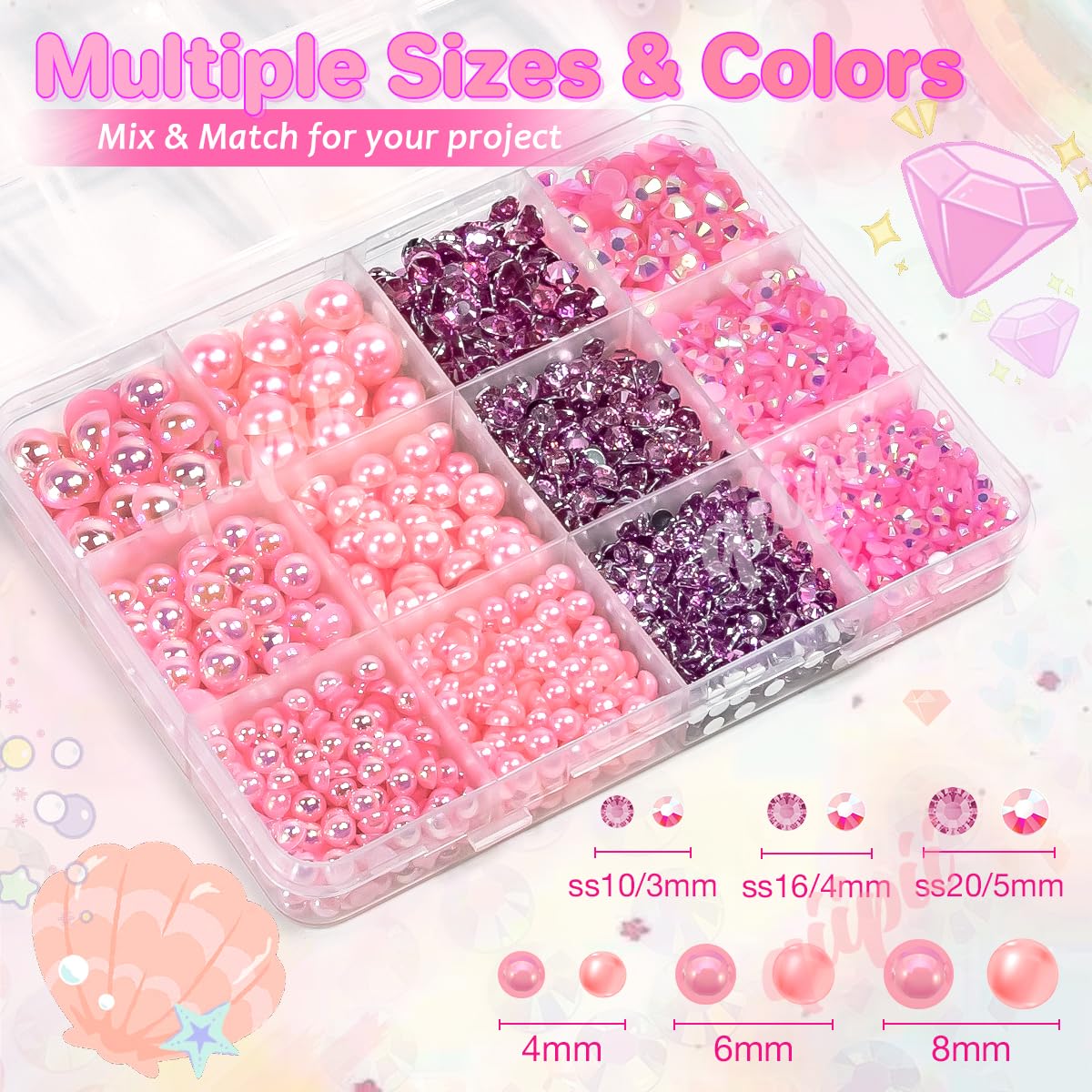 3mm-8mm Pink Flatback Pearls and Rhinestones m