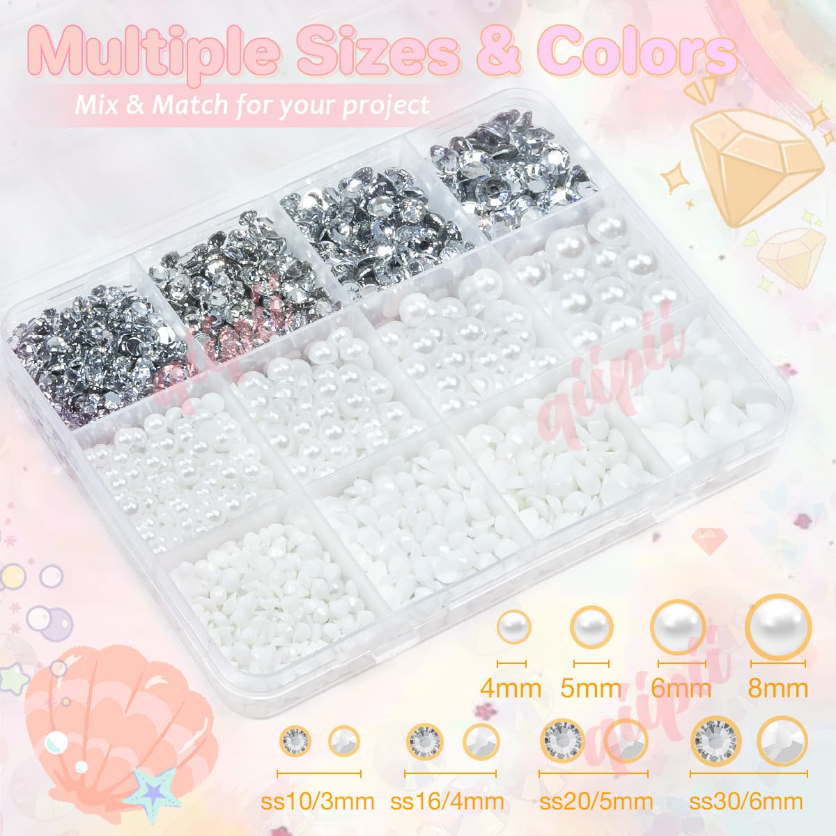 3mm-8mm Pink Flatback Pearls and Rhinestones m