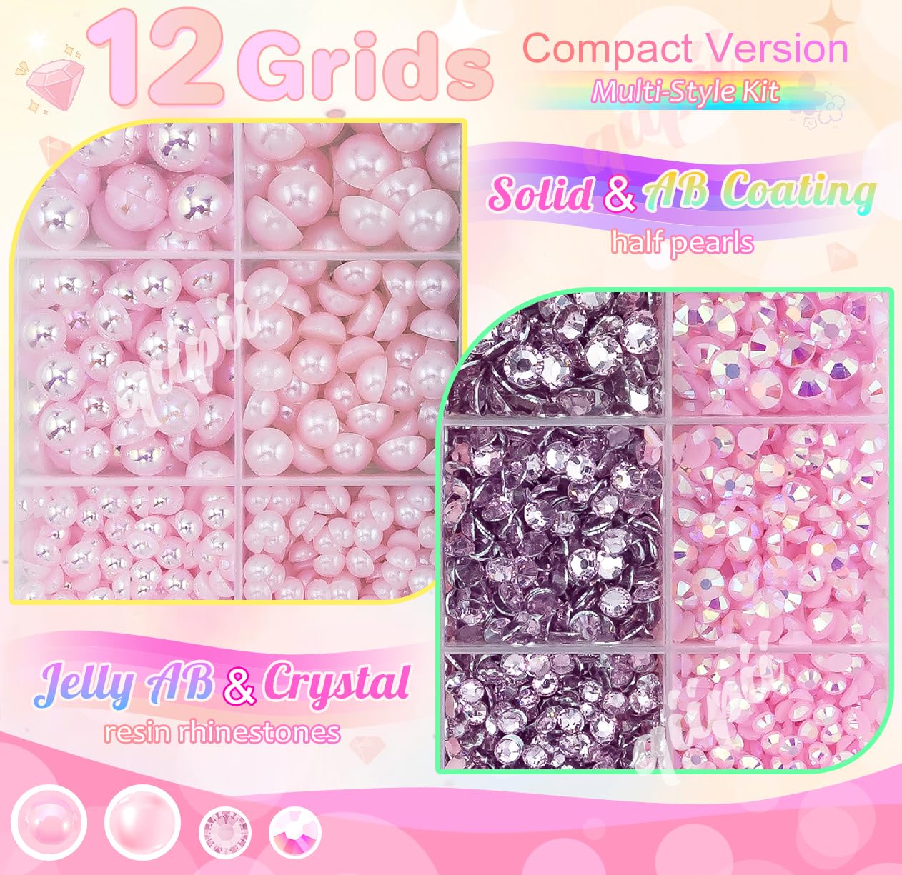 3mm-8mm Pink Flatback Pearls and Rhinestones m