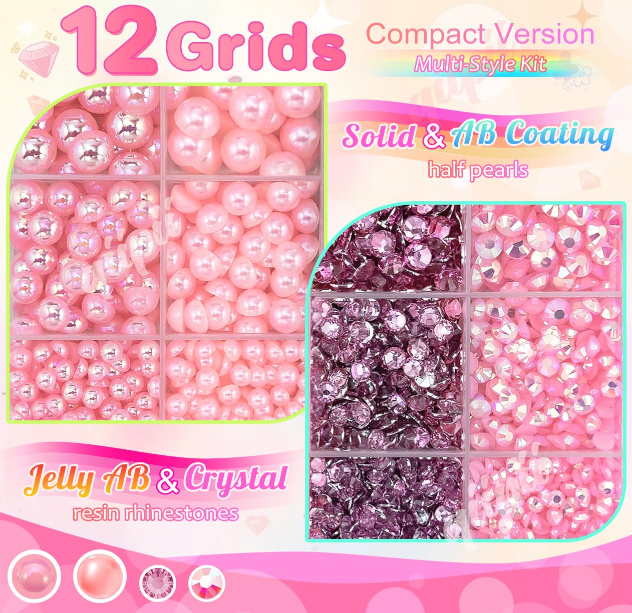 3mm-8mm Pink Flatback Pearls and Rhinestones m